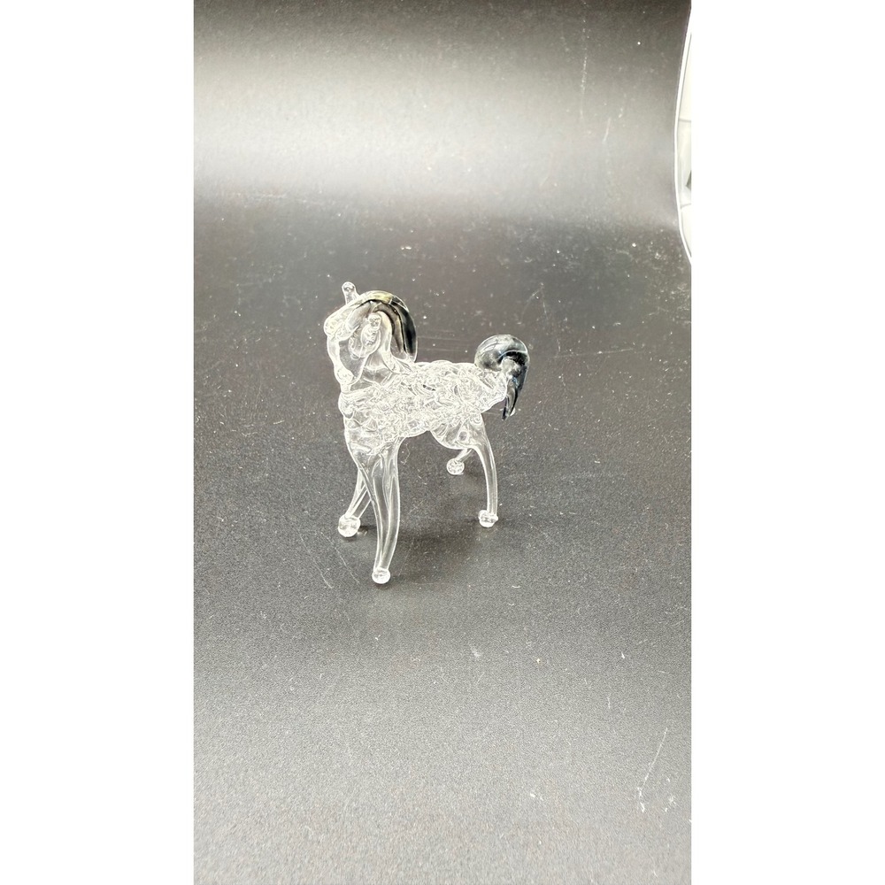 Vintage Hand Blown Glass Horse Figurine Textured Clear Glass Dark Mane Tail Art